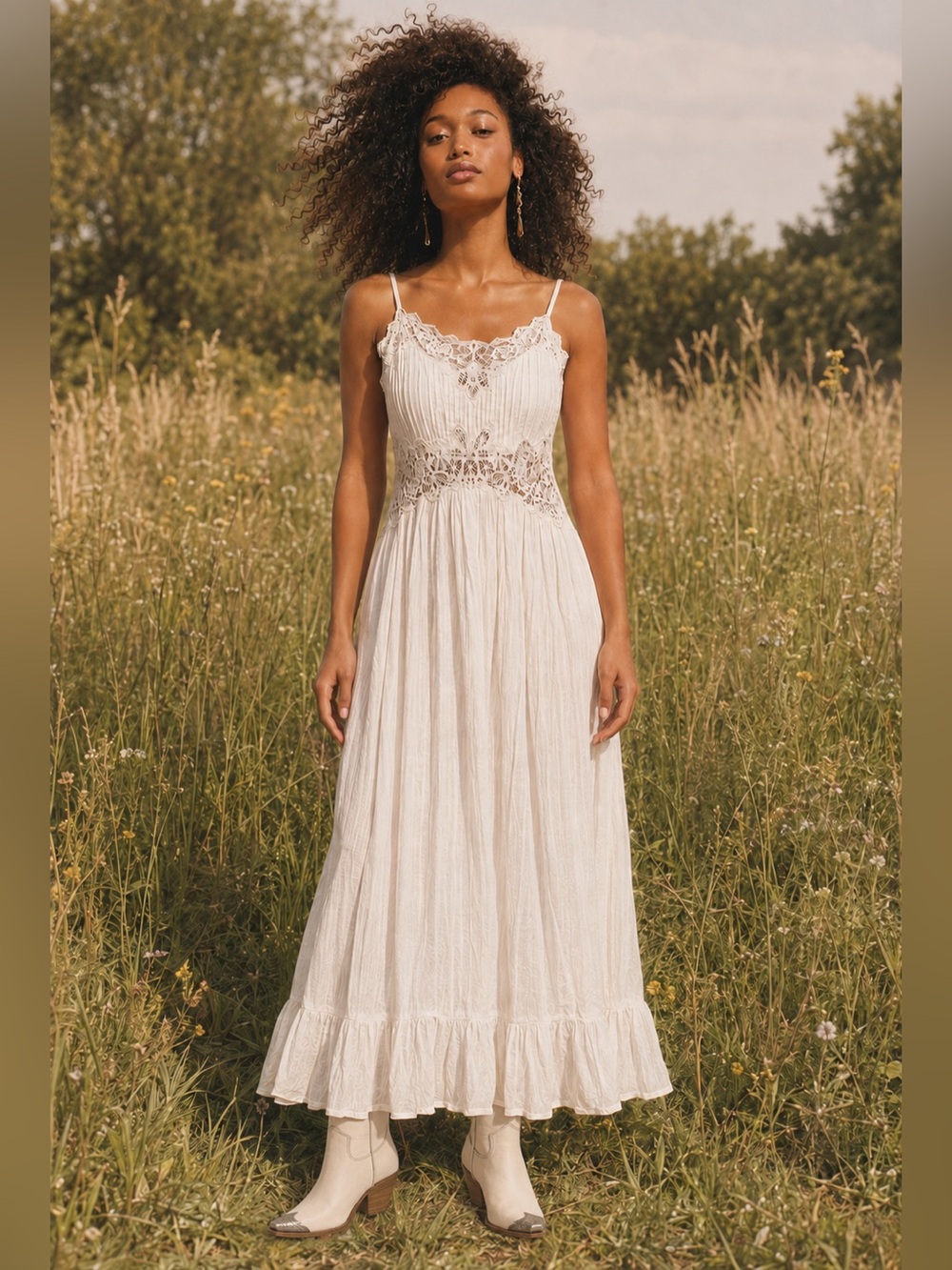 Zara Cream Crochet-Detail Maxi Dress
